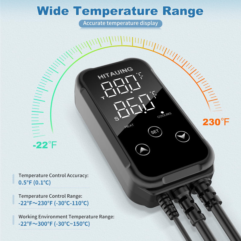 HiTauing Digital Temperature Controller, Aquarium Heater Reptile Thermostat Heating and Cooling Dual Outlet with Seawater-Resistant Probe for Fish Tanks, Reptile Tanks, Greenhouse & Seedling Mat S10B