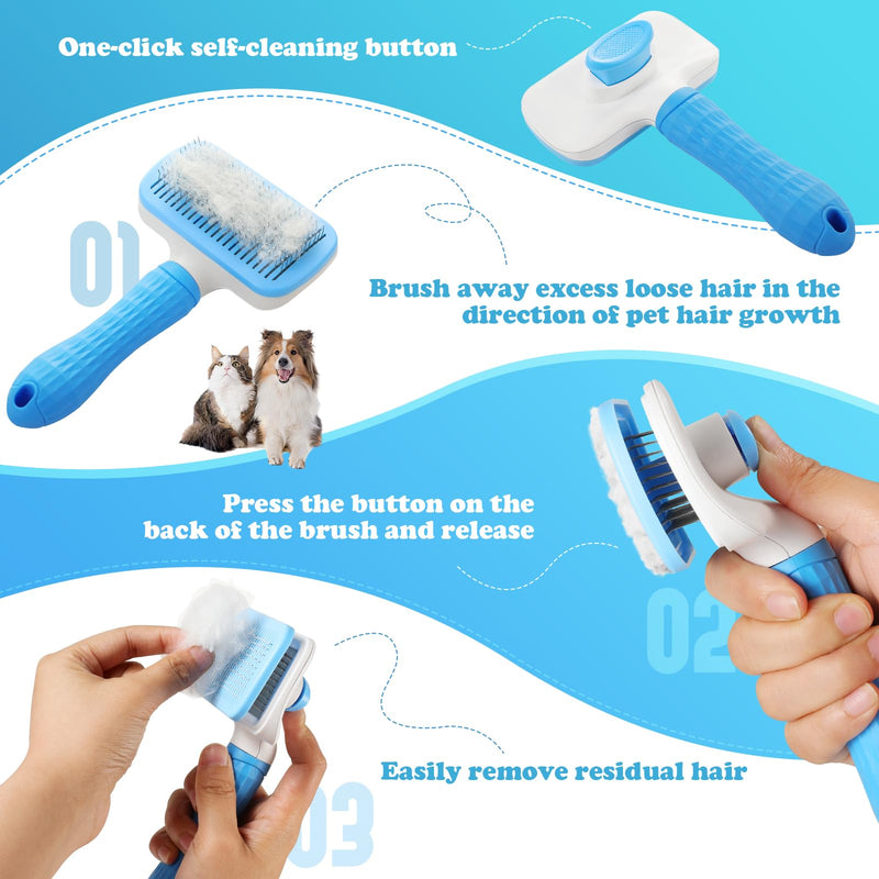 Pet brush，cat brush with release button，dog brush， for grooming Remove loose hair and prevent tangling,fine needle（Blue） - BeesActive Australia