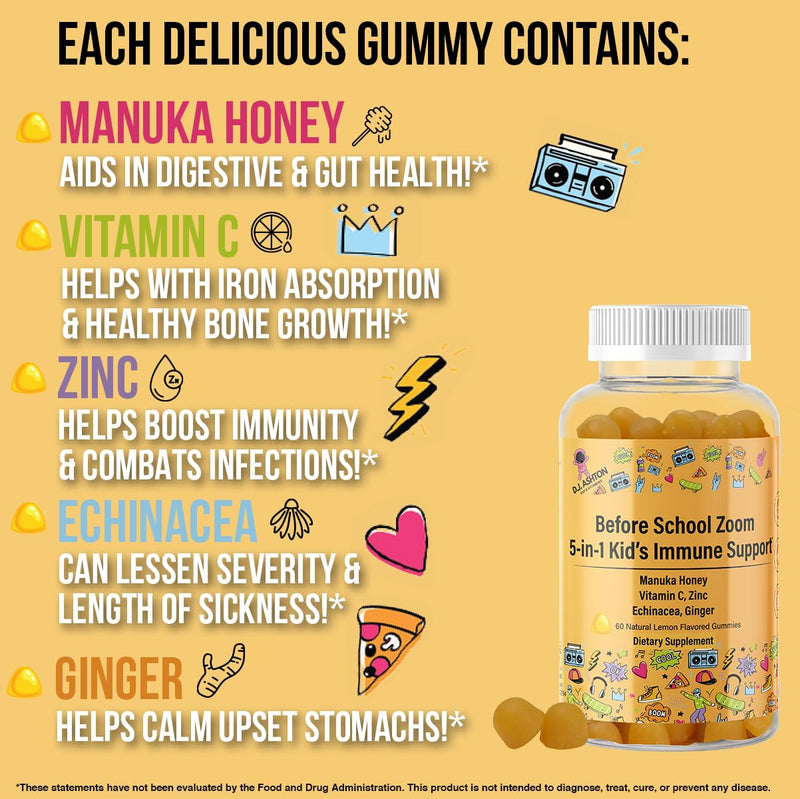 Generic 5-in-1 Kid's Immune Support Gummy, Manuka Honey, Vitamin C, Zinc, Echinacea, Ginger, Gummy Supplement, Essential Immune Support Gummies for Daily Use, Natural Citrus Flavored - 60 Count