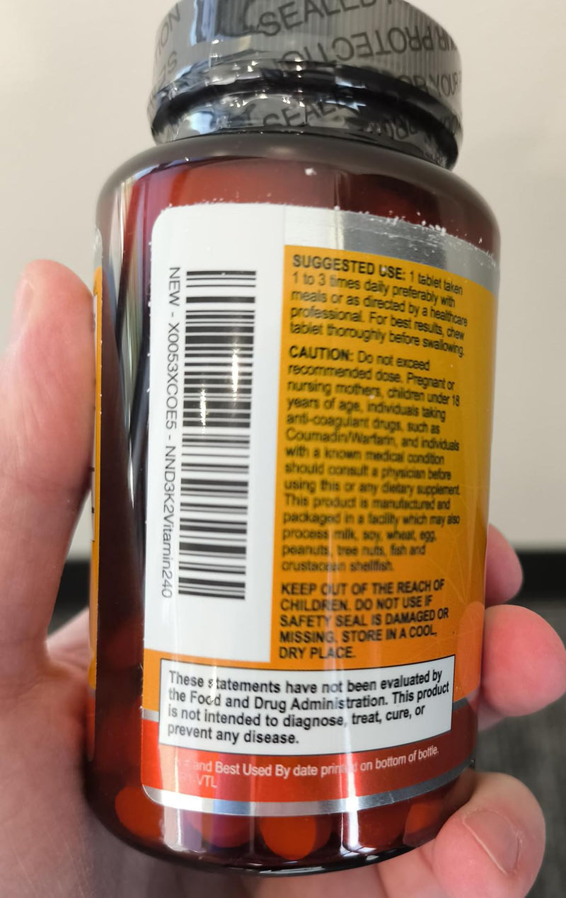 Vitamin D3 K2 Supplement - 2000 IU D3 Per Serving - Extra Strength MK-7 K with Vitamin D3 - For Immune Support, Heart, Teeth & Bone Health - Easy to Swallow D3K2 Chewable, Berry Flavor - 240 Tablets 240 Count (Pack of 1)