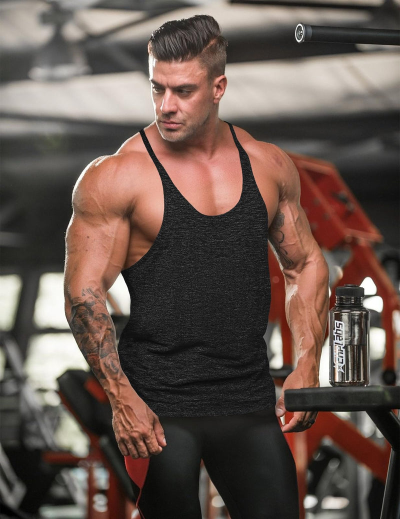Mens Stringer Bodybuilding Tank Tops Y Back Gym Workout Training Stretch Polyester Quick Drying Low Cut Muscle Shirt Usa/Black/Black/Black Medium - BeesActive Australia