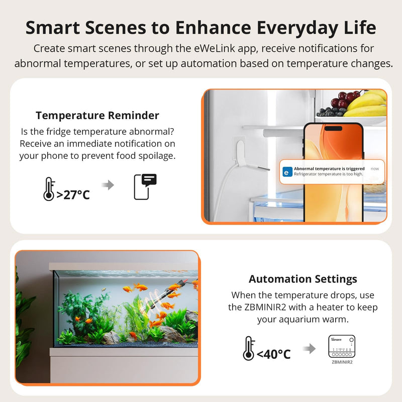 SONOFF SNZB-02LD Zigbee Waterproof Temperature Sensor with 1.5M Stainless Steel Probe, LCD Display, -40~115°C Range, APP Monitoring, Magnetic Mount, Works with Zigbee Hub - BeesActive Australia