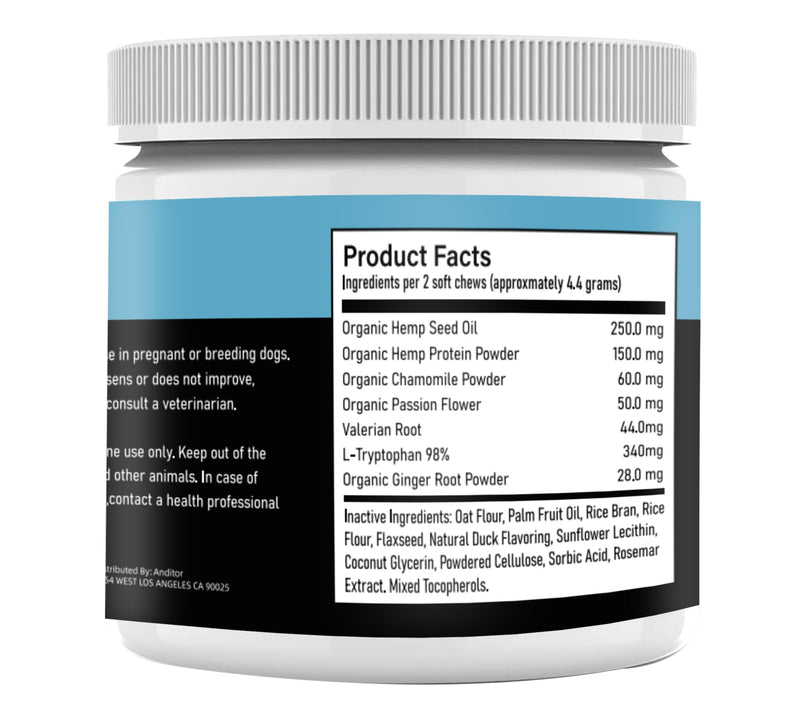 Calming Treats for Dogs with Organic Hemp Oil, Tryptophan, Chamomile, Passion Flower & Valerian - Stress & Anxiety Relief for Separation, Travel, Fireworks, Storms and Barking - 120 Soft Chews..