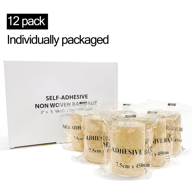 Self Adhesive Bandage Wrap(12 Pack, 3 Inch x 5 Yards), First Aid Medical Cohesive Bandage Tape, Breathable Elastic Sports Athletic Tape Wrap for Ankle, Wrist, Knee, Foot Sprains & Swelling(Tan) Brown - BeesActive Australia