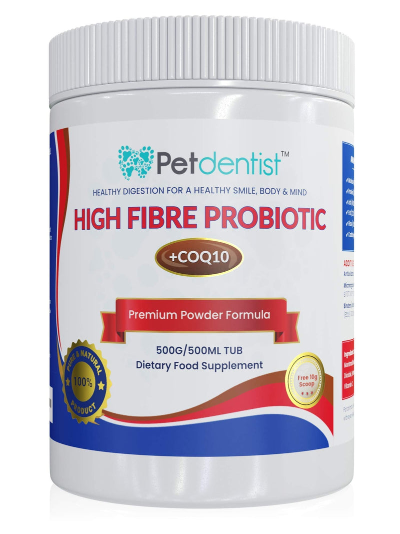 High Fibre Probiotics for Dogs and Cats - Premium Fiber Powder Supplement for Dogs, Anal Glands, Gut Health, CoQ10, Vitamin C for Digestion, Oral Care, Heart Support - 500 Grams