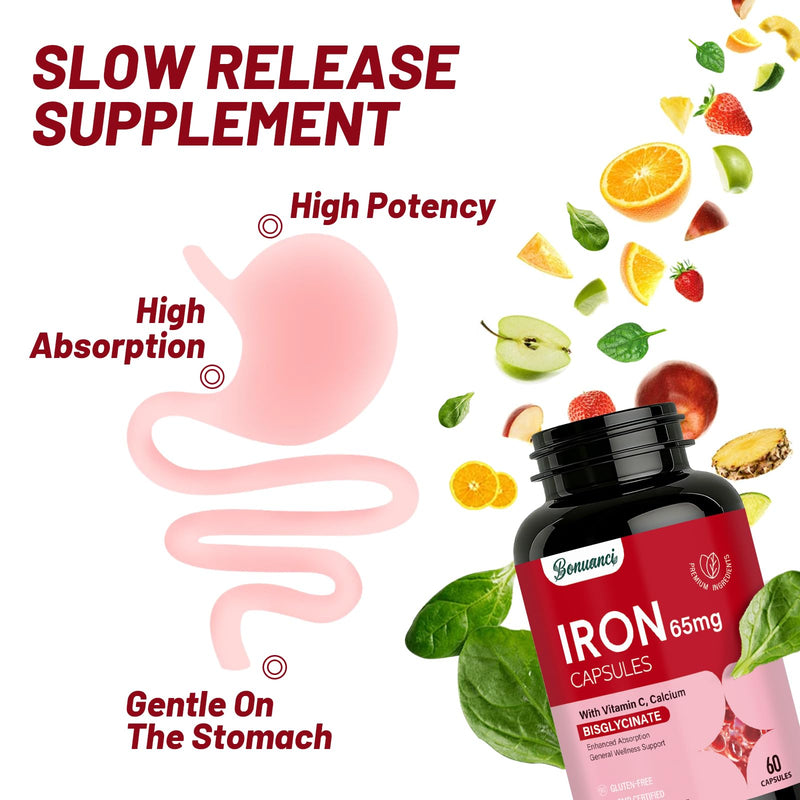 Iron Supplement - Iron 65mg High Absorption Iron Bisglycinate with Vitamin C, Calcium, Gentle Iron Pills for Women Men - Non GMO & Gluten Free, Stomach Friendly, 60 Capsules 60 Count (Pack of 1)
