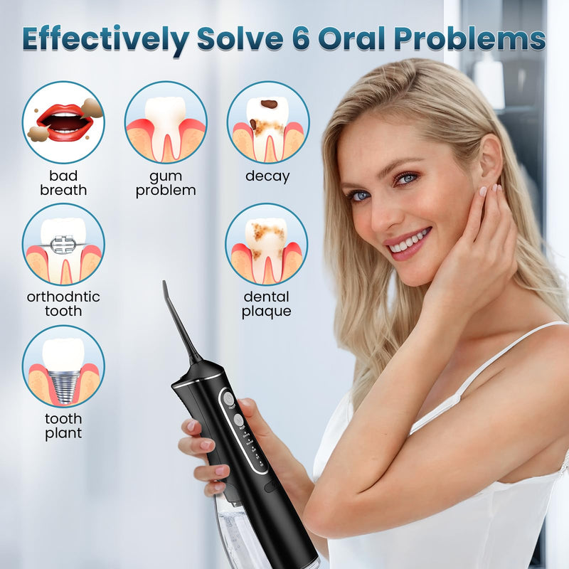 Water Flosser Teeth Cleaner, 4 Modes Cordless Portable Oral Irrigator, 300ML Larger Tank Rechargeable Water Dental Pick with DIY Strength, IPX7 Waterproof Flossing Cleaning Picks for Home Travel Black