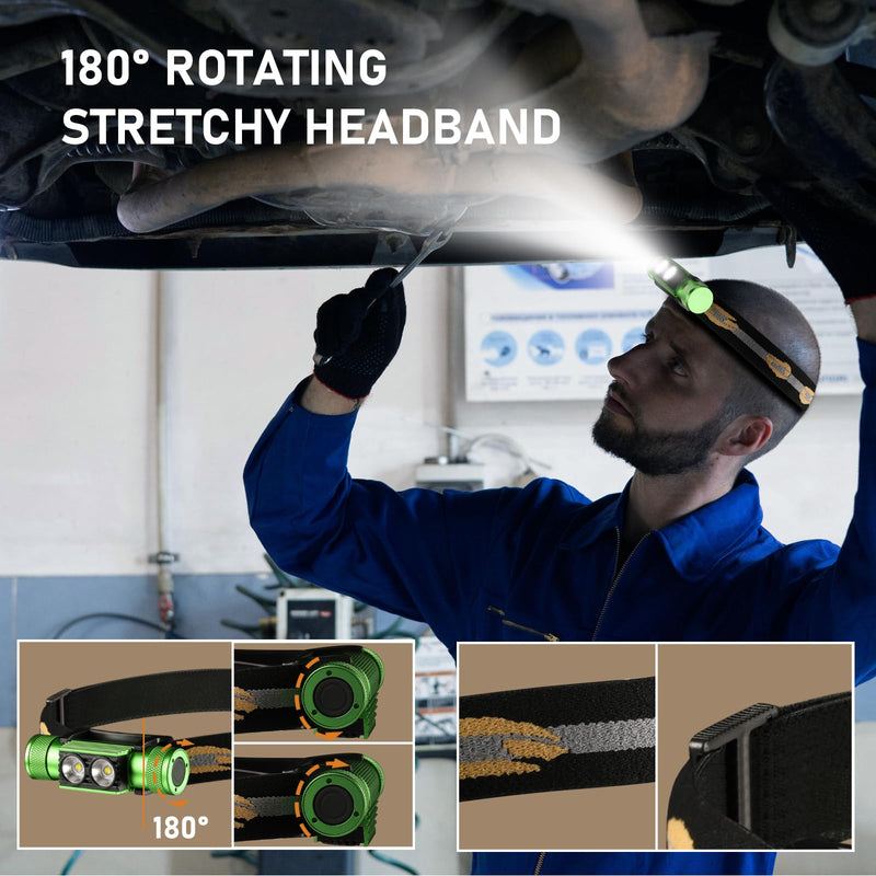 Headlamp, 1200 Lumens LED Rechargeable Headlamp for Adults, Long Runtime, Simple UI, Waterproof Head Lamp Flashlight for Outdoor Camping, Hiking, Fishing, Gifts for Family, Friends Green