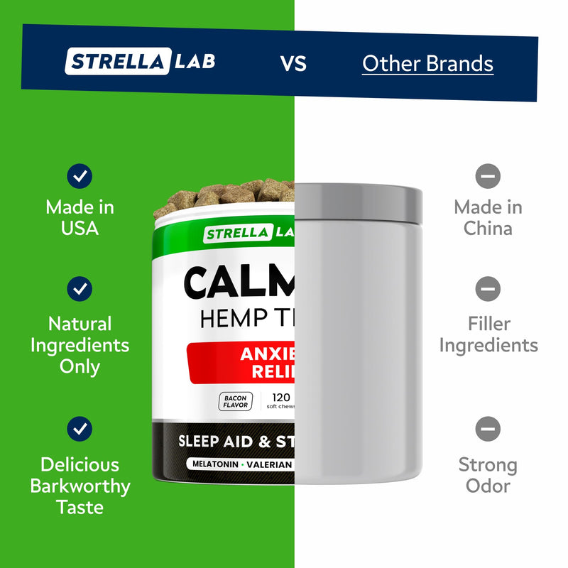 StrellaLab Salmon Oil + Calming Chews Bundle – Omega 3 for Skin, Coat & Itch Relief + Hemp & Melatonin for Stress, Anxiety & Sleep Support – EPA+DHA – 8 Fl Oz Liquid + 120 Chews – Made in USA
