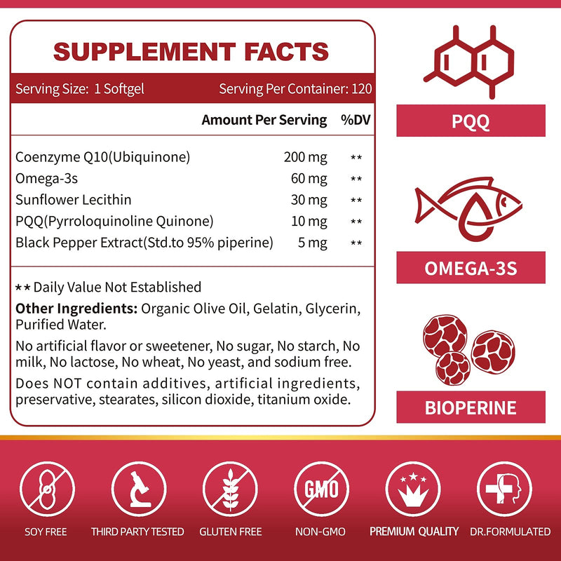 ZEBORA CoQ10-200mg-Softgels with PQQ, BioPerine & Omega-3, 120 Servings Coenzyme Q10(Ubiquinone) Supplement for High-Absorption, Powerful-Antioxidant, Support Heart & Energy-Production (Pack of 2) 120 Count (Pack of 2)