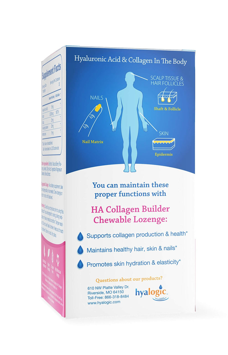 Hyalogic Hair Skin & Nails Hyaluronic Acid Collagen Builder – Delicious Berry Flavored Collagen Boost Chewable Lozenges – Sugar Free Vegan Collagen Ideal to Enhance Your Natural Beauty – 30 Count