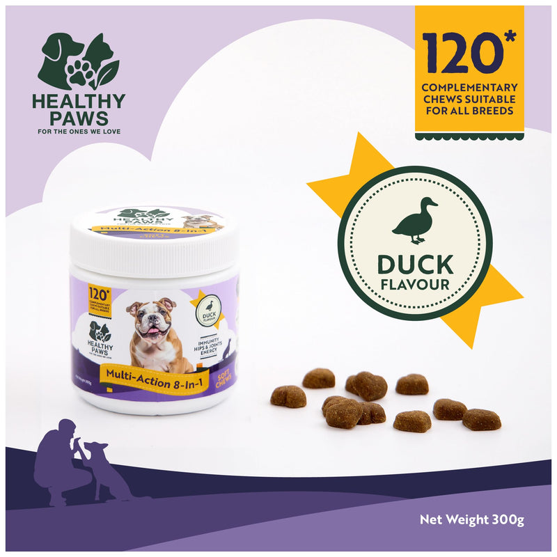 Healthy Paws 8-in-1 Dog Multivitamin Treats – Daily Supplement for Brain, Heart, Joints, Skin, Coat, Immunity, Digestion & Energy – Suitable for Small, Medium & Large Dogs