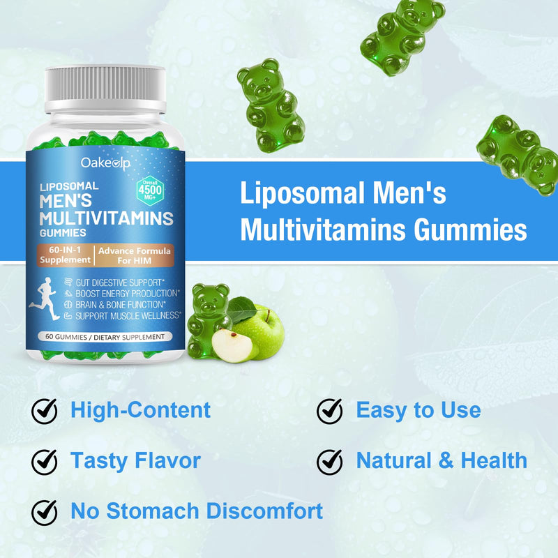 2 Pack 60-IN-1 Liposomal Methylated Multivitamin Gummy for Men Overall 4500MG+,Vitamin A C D3 K E B Complex ,Probiotics,Omega 3,CoQ10,Zinc,120+ Nutrients,for Immune,Heart and Digestive Wellness 60 Count (Pack of 2)