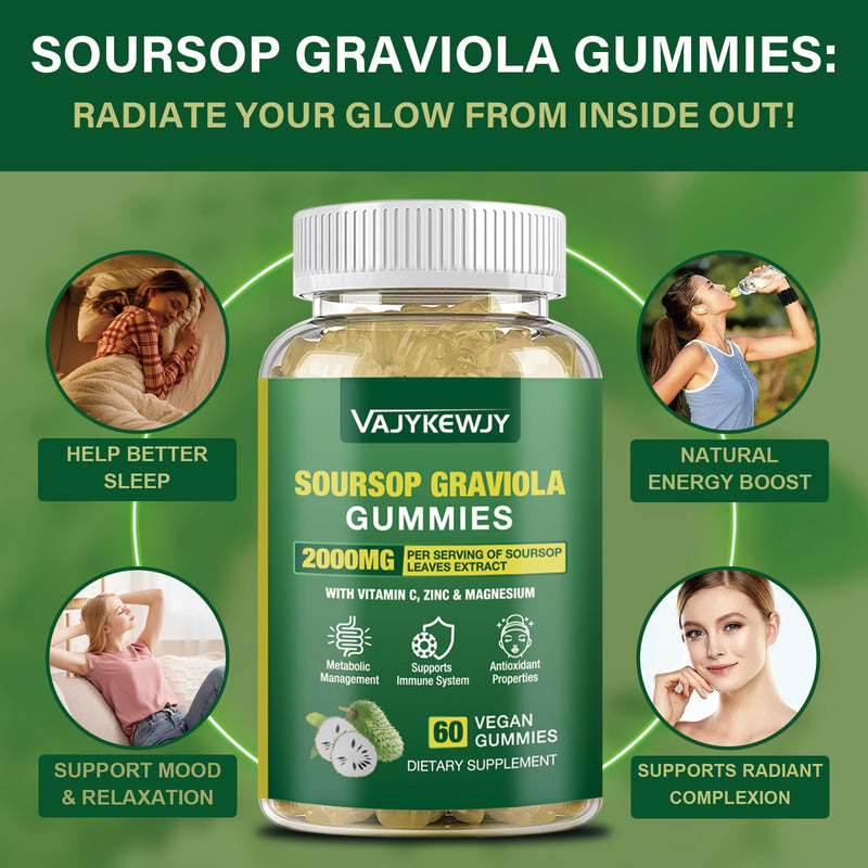Soursop Graviola Gummies - 2000mg Extra Strength Soursop Leaves Extract, Vitamin C, Zinc & Whole Natural Food for Immunity, Vegan, 60 Gummies 1pack