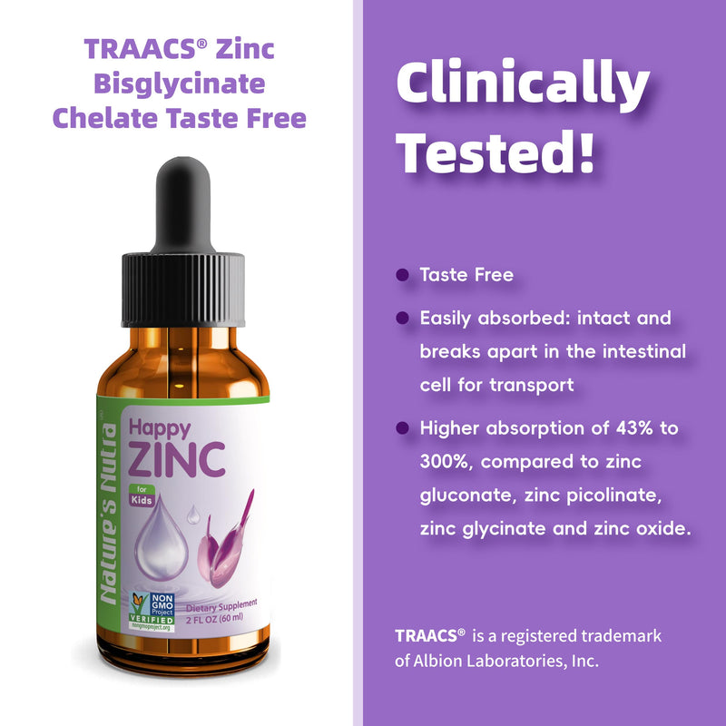 Nature's Nutra Happy Zinc, Liquid for Baby, Infant, Kids and Children, TRAACS Chelate Zinc, High Bioavailability, Non-GMO, Kosher, 2 Fl. Oz (60ml)