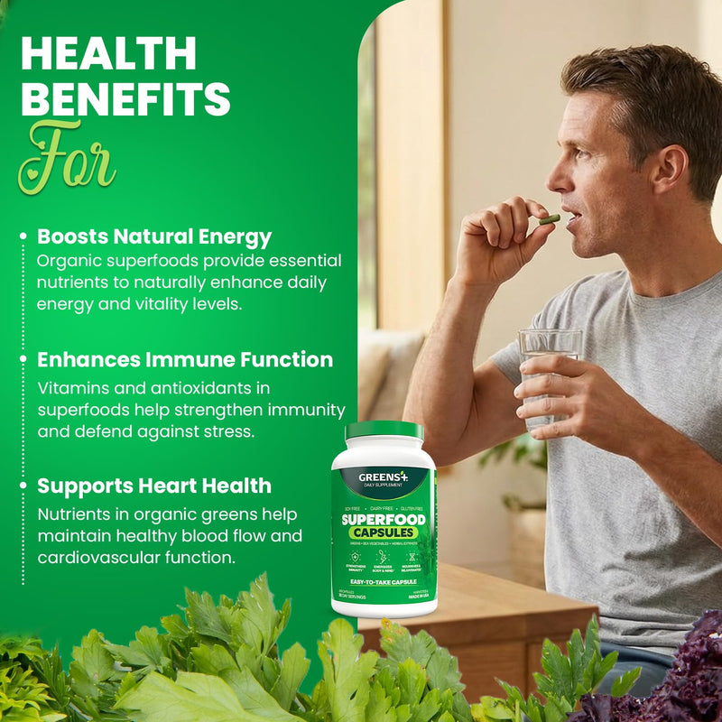 Greens+ Organic Superfood Capsules, Naturals Dietary Supplement | 240 Count | Organic Spirulina and Chlorella, with Alfalfa & Wheat Grass, Vitamins & Minerals Supplements, Gluten-Free, Vegan, Non-GMO