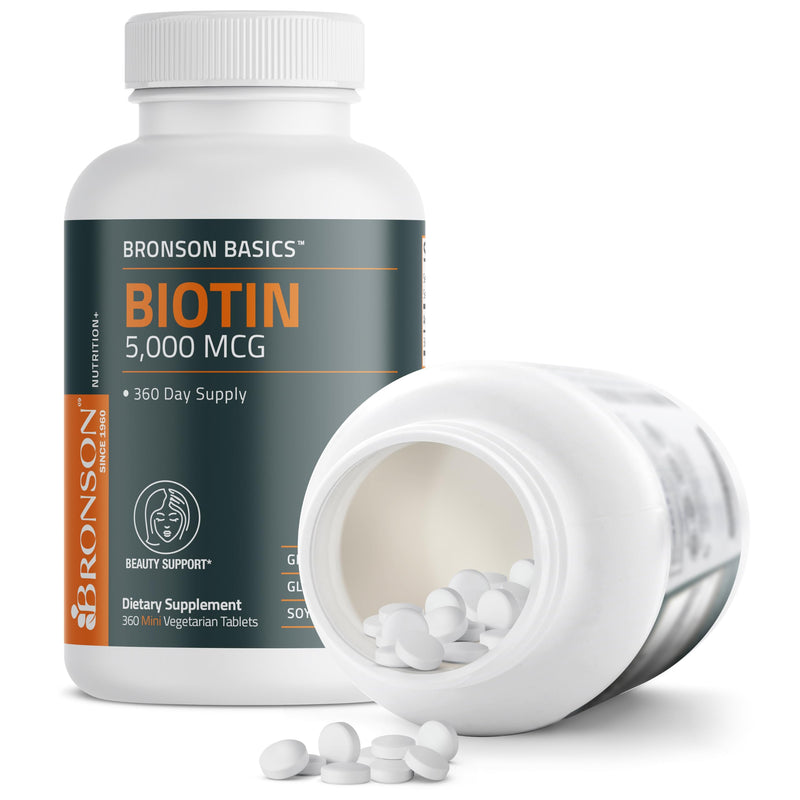 Bronson Biotin 5,000mcg Hair Skin and Nails Vitamins, 360 Tablets | Vegetarian Beauty Support, Non-GMO, Gluten-Free, Soy-Free, Supports Healthy Hair, Skin and Nails