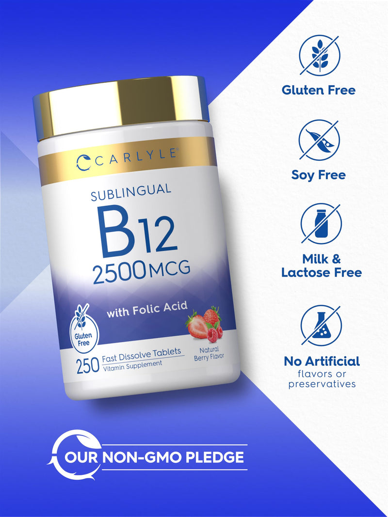 Carlyle Vitamin B12 Sublingual 2500 mcg | 250 Fast Dissolve Tablets | Cyanocobalamin Supplement With Folic Acid for Adults | Natural Berry Flavor | Vegetarian, Non-GMO, and Gluten Free