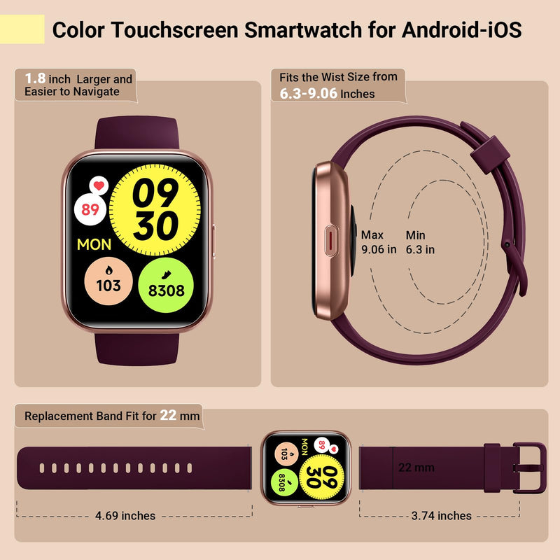 Smartwatch for Women, Compatible with Android & iPhone, 1.8'' Fitness Tracker Watch with Alexa, Call & Notification Alerts, Heart Rate & Sleep Monitor, 120 Sports Modes, Waterproof Watch for Women 1.8 inches Rose Purple - BeesActive Australia