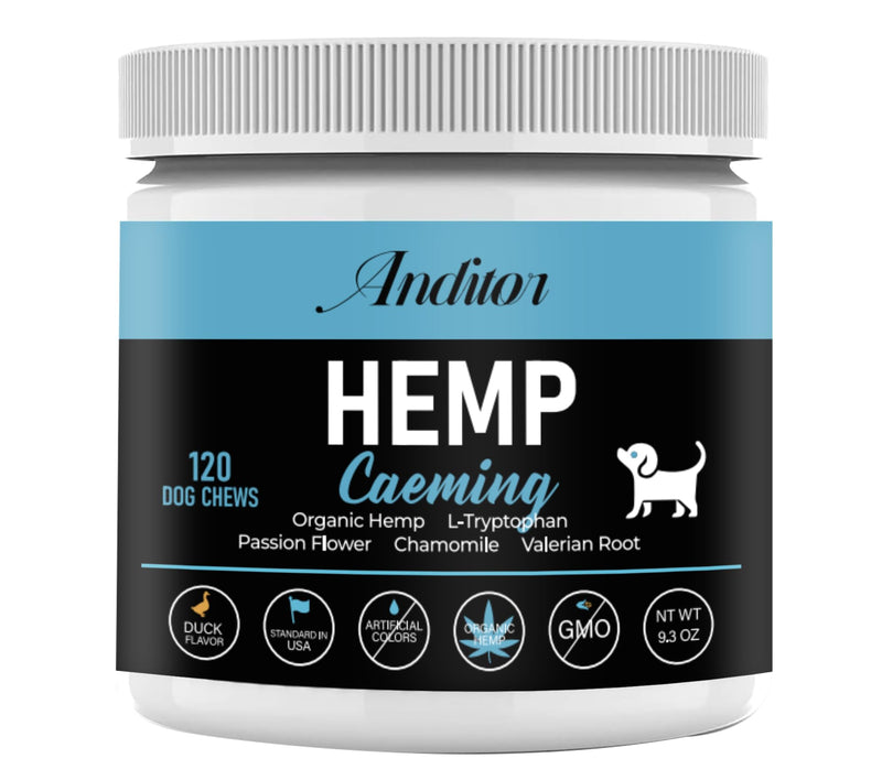 Calming Treats for Dogs with Organic Hemp Oil, Tryptophan, Chamomile, Passion Flower & Valerian - Stress & Anxiety Relief for Separation, Travel, Fireworks, Storms and Barking - 120 Soft Chews..