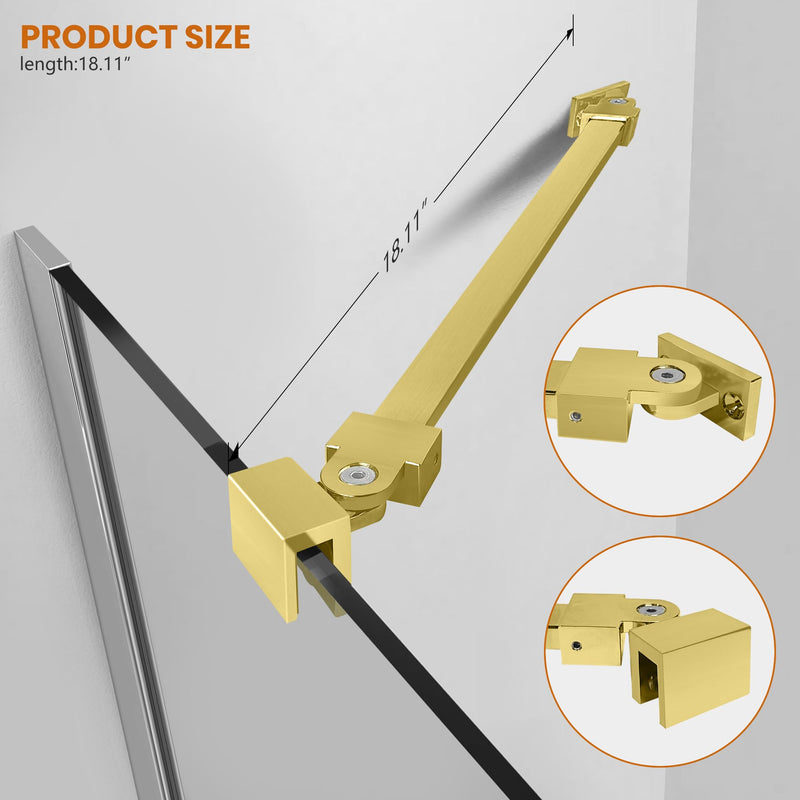 Shower Door Support Bar Rod, 18.11 Inch Length Stainless Steel Wall-to-Glass Brace, for 1/4"(6mm) 5/16"(8mm) 3/8"(10mm) Thick Framless Glass Door, Brushed Gold - BeesActive Australia