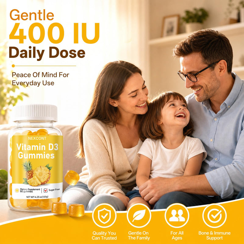 Vitamin D3 Gummies, Bone & Immune Support Daily Supplement, 400IU Gentle Formula for Men & Women, Sugar Free Non-GMO Gluten Free Vegan Pineapple Flavor, 60 Count (30 Day Supply)