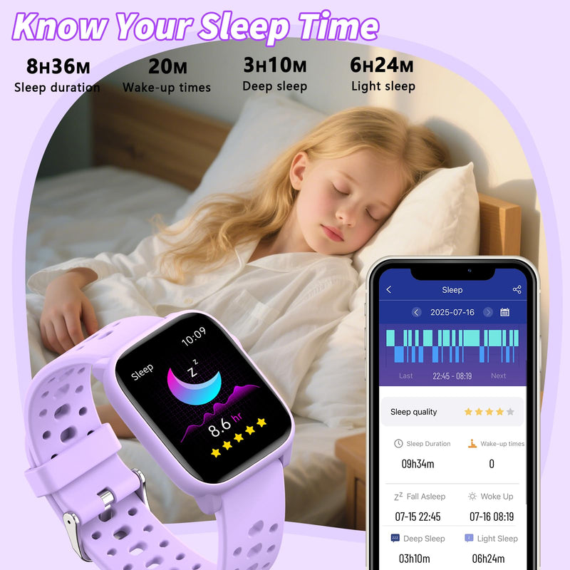 Smart Watch for Kids, 1.83" Fitness Tracker Watch Pedometer, Heart Rate, Sleep Monitor, IP68 Waterproof, Pedometer, Puzzle Games with/Without APP for Girls Boys Teens 6-16 Purple