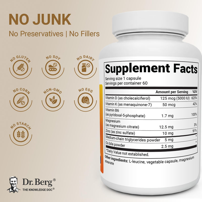 Dr. Berg Maximum Strength 7-in-1 Vitamin D3 K2 5000 IU | Naturally Derived D3 | 4X Lab-Tested & Verified | High Absorption Formula | K2 D3 Vitamin Supplement | 60 Capsules 60 Count (Pack of 1)
