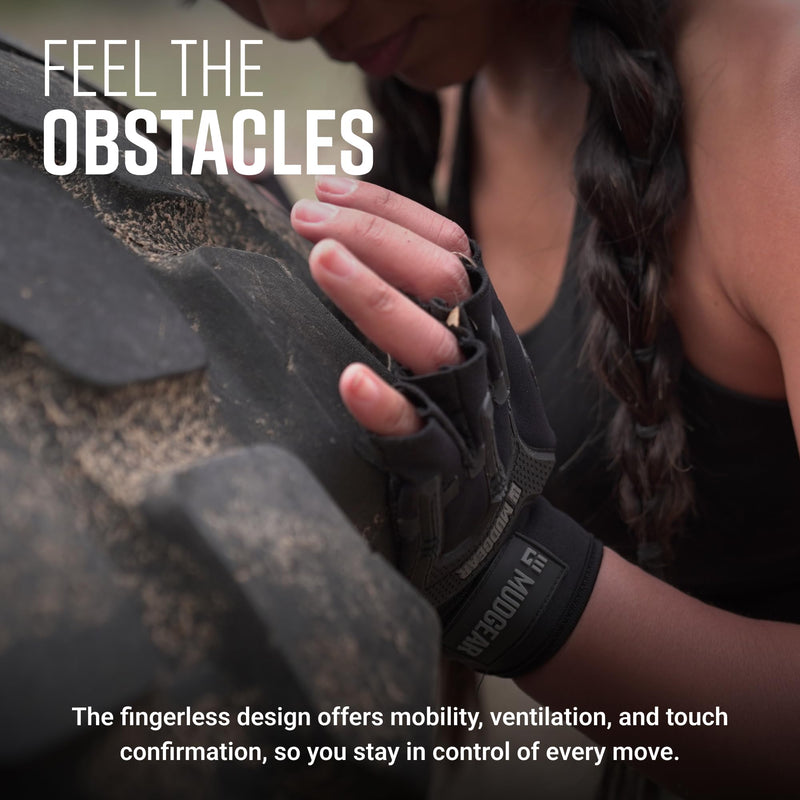 MudGear Gloves - Durable Fingerless Workout Gloves with Wrist Support for Obstacle Races and Fitness Training, Improves Grip, Protects Hands, Boosts Performance Black Large