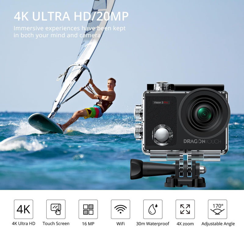 Dragon Touch 4K Underwater HD Action Camera, Vision 3 Pro Touch Screen 20MP 100FT Waterproof Video Camera Adjustable View Angle WiFi Sports Camcorder with Remote Control Helmet Accessories - BeesActive Australia