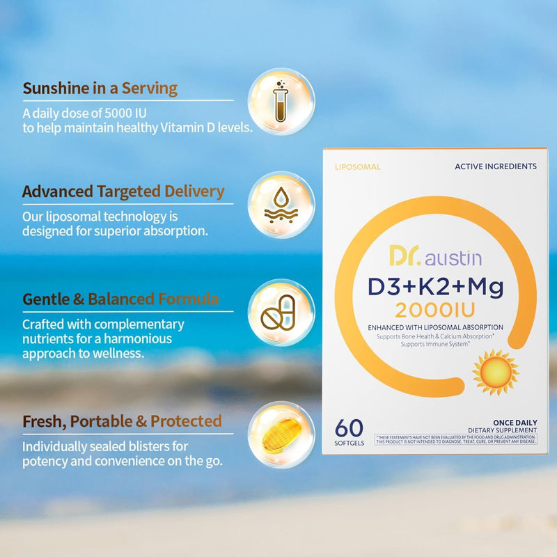 DR.AUSTIN Liposomal Vitamin D3 K2 Magnesium Complex, Vitamin D3 2000 IU, K2 MK-7 90 mcg & Magnesium Glycinate 100 mg, Bone, Immune & Muscle Support Supplement, Once Daily Softgels, 60 Count