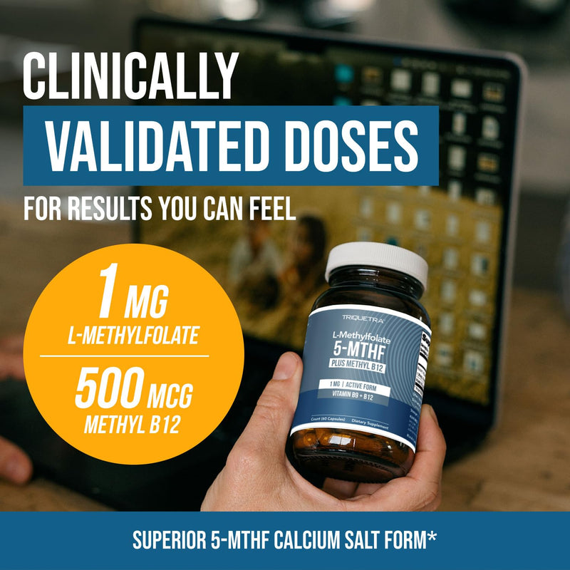 L Methyl Folate 1000 mcg Plus Methyl B12 Cofactor – Active 5-MTHF Form - Supports Mood, Methylation, Cognition – Highly Bioavailable Bioactive Forms of Vitamin B9 & B12 (60 Capsules – 60 Servings) 60 Count (Pack of 1)