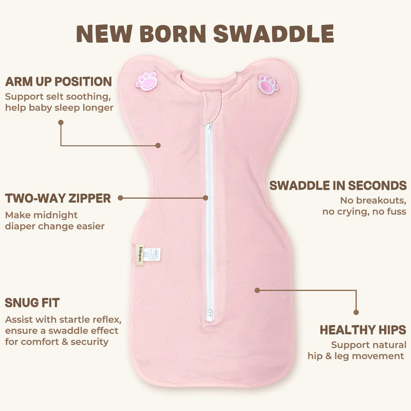 Swaddle Sleep Suit for Newborns, Arms-Up Position, Snug Fit Supports Natural Sleep Reflex, 0–6 Months Large (14.3-17.8lb) Cotton Pink - BeesActive Australia