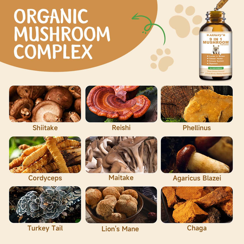 9 in 1 Mushroom Supplement for Dogs - Turkey Tail Mushroom for Dogs - Dog Lumps and Bumps Treatment - Digestive, Cellular, Immune Health Support - Reishi, Lions Mane, Shiitake - Roast Chicken Flavor