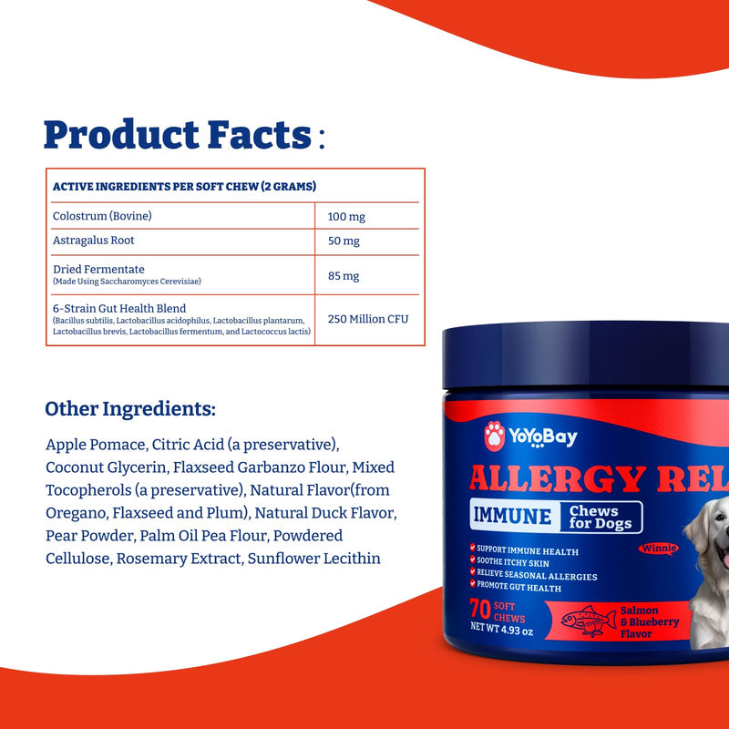 Dog Allergy Relief Chews – 70 Soft Chews, Salmon & Blueberry Flavor - Immune Support & Itch Relief with Colostrum, Astragalus Root, 6-Strain Gut Health Blend 70 Count (Pack of 1)