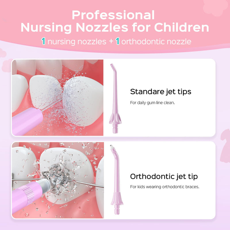 COSLUS C31 Kids Water Dental Flosser Deep Cleaning Picks Portable 4 Modes for Ages 6+ Safe Waterproof Rechargeable with 2 Jet Tips for Gums Care Pink Purple