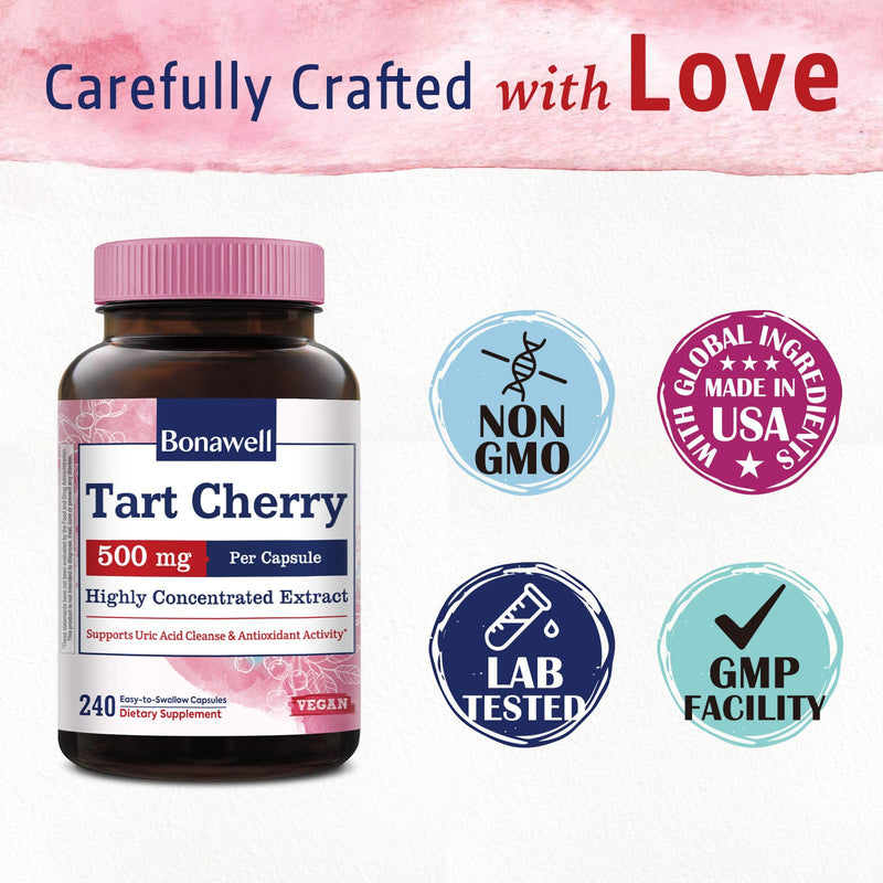Tart Cherry Capsule, 500mg Extract Per Capsule, 240 Capsules | Made from Montmorency Tart Cherries, Powerful Uric Acid Cleanse, Antioxidant Support, 2 Month Supply 240 Count (Pack of 1)
