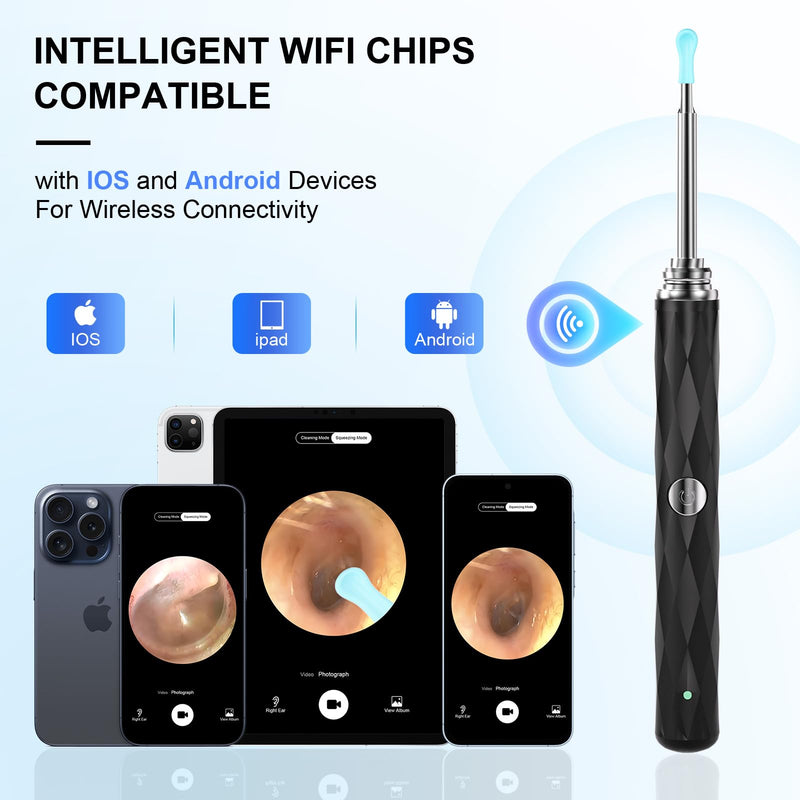 High-Definition Ear Wax Removal, Wireless Ear Cleaner, Safe and Gentle Ear Wax Removal Kit, Rechargeable Ear Cleaner with Camera and Light, Ear Cleaning Kit for Android and iOS (Black) Black - BeesActive Australia