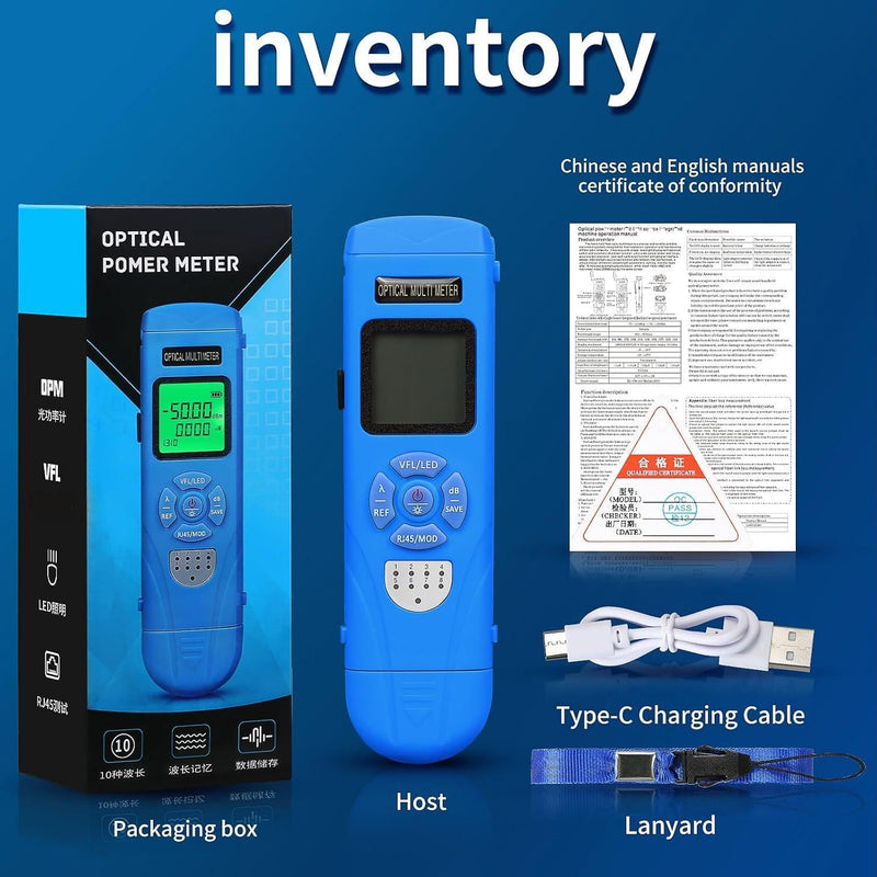 Rechargeable Fiber Optic Power Meter L-C50 (-50 - +26 dBm) Mini Fiber Optic Cable Tester SC/FC/ST 2.5mm Universal Interface, Integrated OPM VFL LED RJ45 Functions, with 1 FC-LC Adapter (OPM-VFL-50) blue L-C50 50 - BeesActive Australia