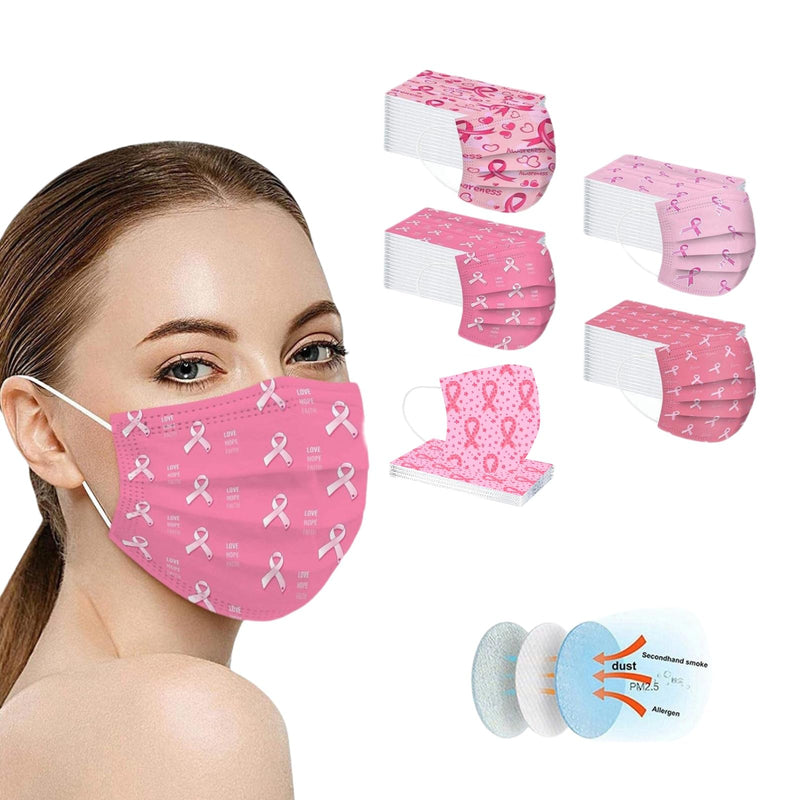 50 Pack Pink Ribbon Disposable Face Mask - Commemorative Breast Cancer Awareness Masks for October Love Your Breast Day Events & Charity Walks
