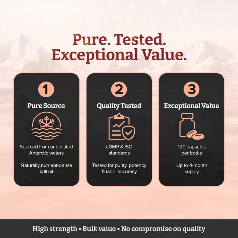 pureclinica Ultra Pure Superba Krill Oil 500mg x 120 Capsules - Sourced in The Unpolluted Waters of Antarctic Providing a Rich Supply of Astaxanthin, Omega 3 and Vitamin D 120 Count (Pack of 1)