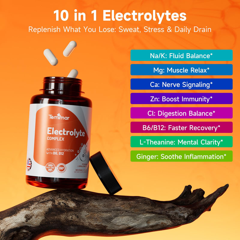 Electrolytes,120 Counts, Electrolyte Capsules with Sodium, Potassium, Magnesium, Calcium, B6 & B12, Electrolytes Replenisher Hydration Drink for Muscle & Energy Support, Made in USA