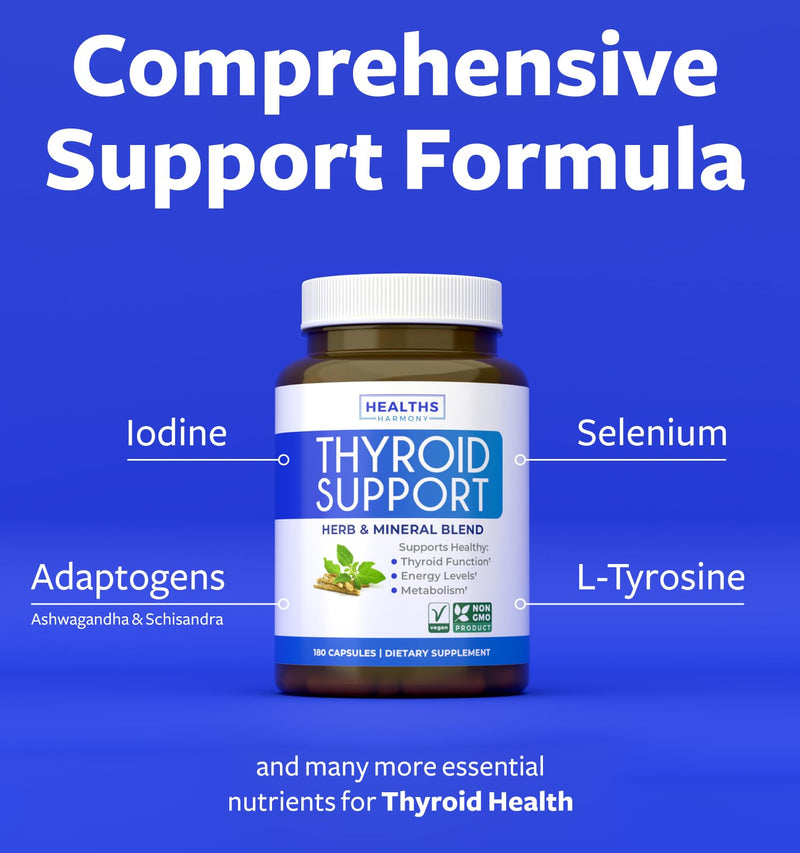 Healths Harmony Herbal Thyroid Support Complex with Iodine (3 Month Supply) | Thyroid Health Capsules with Vitamins Minerals & Herbs with Ashwagandha Selenium & More to Balance Energy - Vegan & Non-GMO 180 Count (Pack of 1)