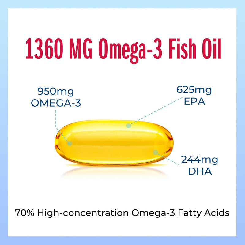 Vitamin World Triple Strength Omega 3 Fish Oil 1360 mg, 60 Softgels | High Potency Omega 3s with EPA & DHA 950 mg, Supports Heart, Brain & Joint Health, Gluten Free, 2 Months Supply 60 Count (Pack of 1)