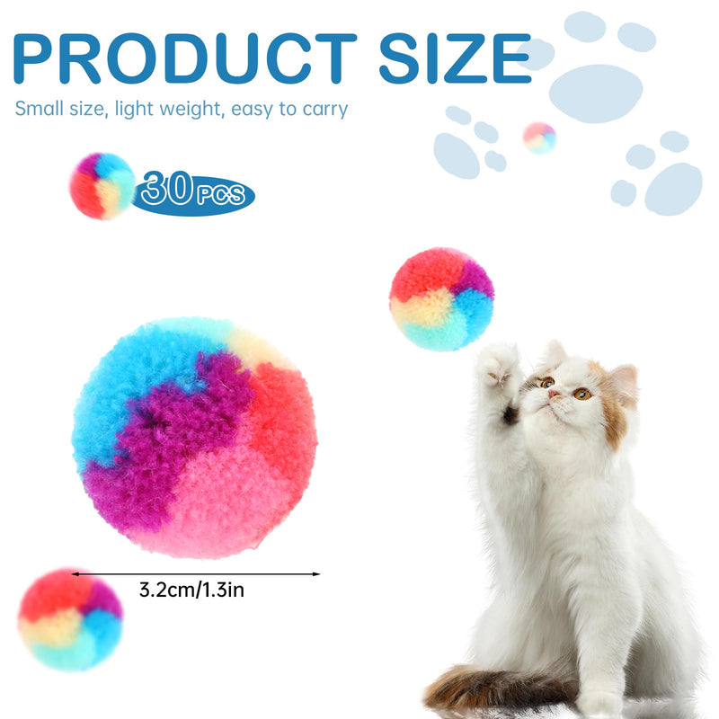 KALIONE 30 Pcs Soft Plush Cat Ball 1.2-inch Rainbow Cat Toy Balls Fuzzy Kitty Balls Kitten Puff Balls Colorful Cat Pom Pom Balls for Cat Kitten Pet Playing Exercising - BeesActive Australia