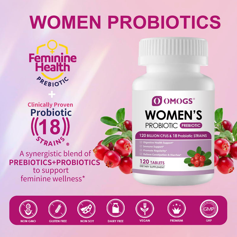 OMOGS 2PCS Women's Probiotic, with Cranberry Extract, Organic Prebiotics & Vitamin C, 120 Billion CFUs,18 Strains, Help for Boost Immune, Digestive, Gut Health & Women's Health, 240 Tablets 240 Count
