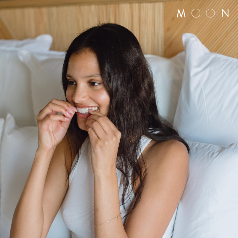 MOON Dissolving Teeth Whitening Strips - Vegan, Easy-to-Use, No Rinse White Strips - Hydrogen Peroxide and Essential Oils Infused Gentle Teeth Whitening Kit - Travel Essentials for Oral Care (56 Ct) Lunar Peppermint (28 Treatments) - BeesActive Australia