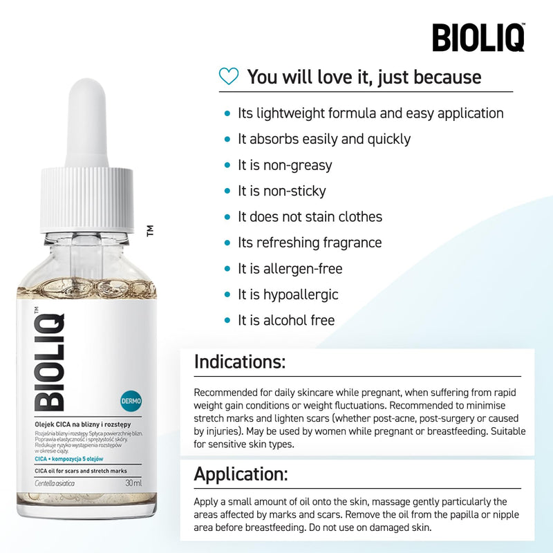Bioliq - Dermo CICA Oil for Scars and Stretch Marks - Reduces Visibility, Enhances Elasticity During Pregnancy, 5 Oils - 30ml