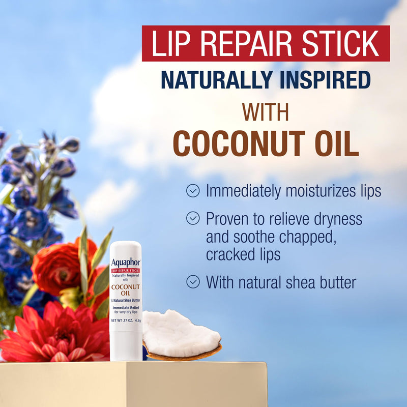 Aquaphor Naturally Inspired Lip Repair Stick with Coconut Oil and Natural Shea Butter, Hydrating Lip Balm Immediately Relieves Dryness, 0.17 Oz Stick 0.17 Ounce (Pack of 1)