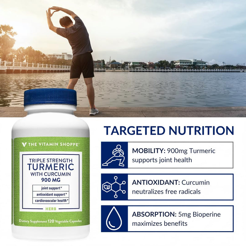 The Vitamin Shoppe Brand Triple Strength Turmeric 900 MG, 120 Capsules | Includes BioPerine (Black Pepper Extract), Joint Mobility & Antioxidant Support, Vegetarian, Gluten Free Unflavoured 120 Count (Pack of 1)